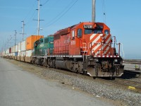 CP SD40-2 5708 along with GP38AC 3005 idle at the east end of Roberts Bank.