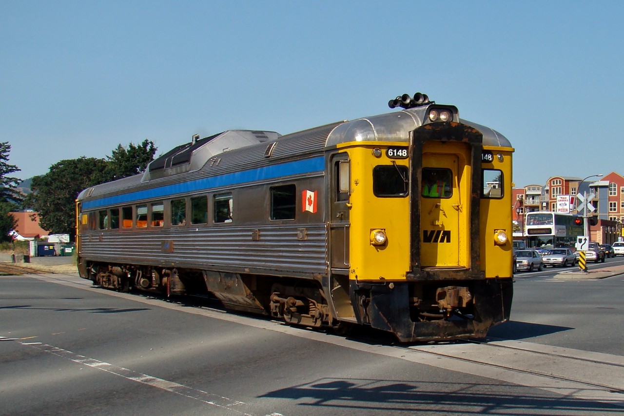 In support of E&N Days, VIA Rail and SRY provided round trip passenger service between the host municipalities of Victoria and Langford. The 11:00 train crosses Goldstream Ave shortly after departing the station in Langford.