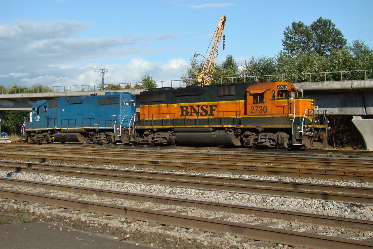 BNSF GP39-2 2730 and leased EMDX GP38-2 778 parked in BNSFs New Westminster Yard