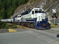 GP40-2s 8019 and 8018 lead the southbound Whistler Mountaineer back to North Vancouver.