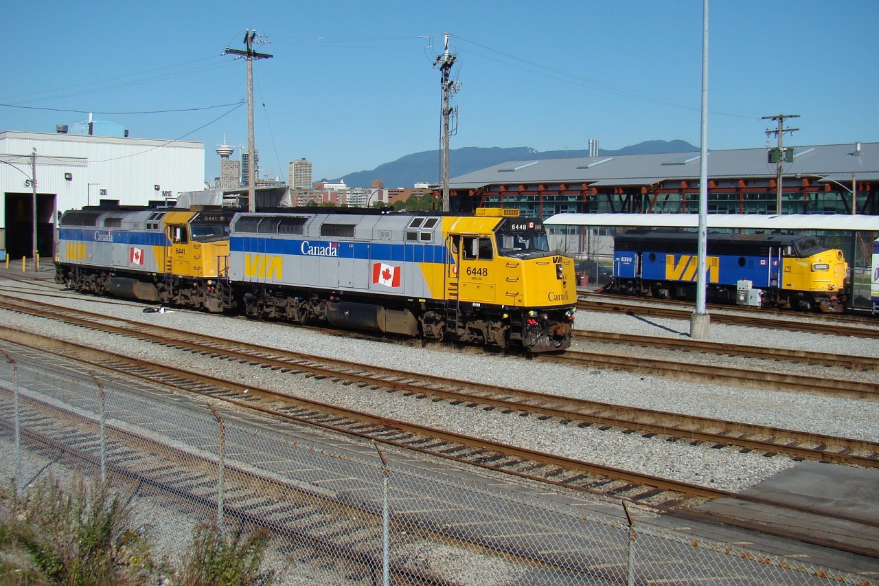 F40PHs 6448 and 6441 and FP9Au 6300 at VIA's Vancouver Maintenance Center.