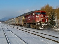 After refueling in Golden, the DPU of a Vancouver bound Canpotex Potash train kicks up snow as it accelerates towards KC Junction.