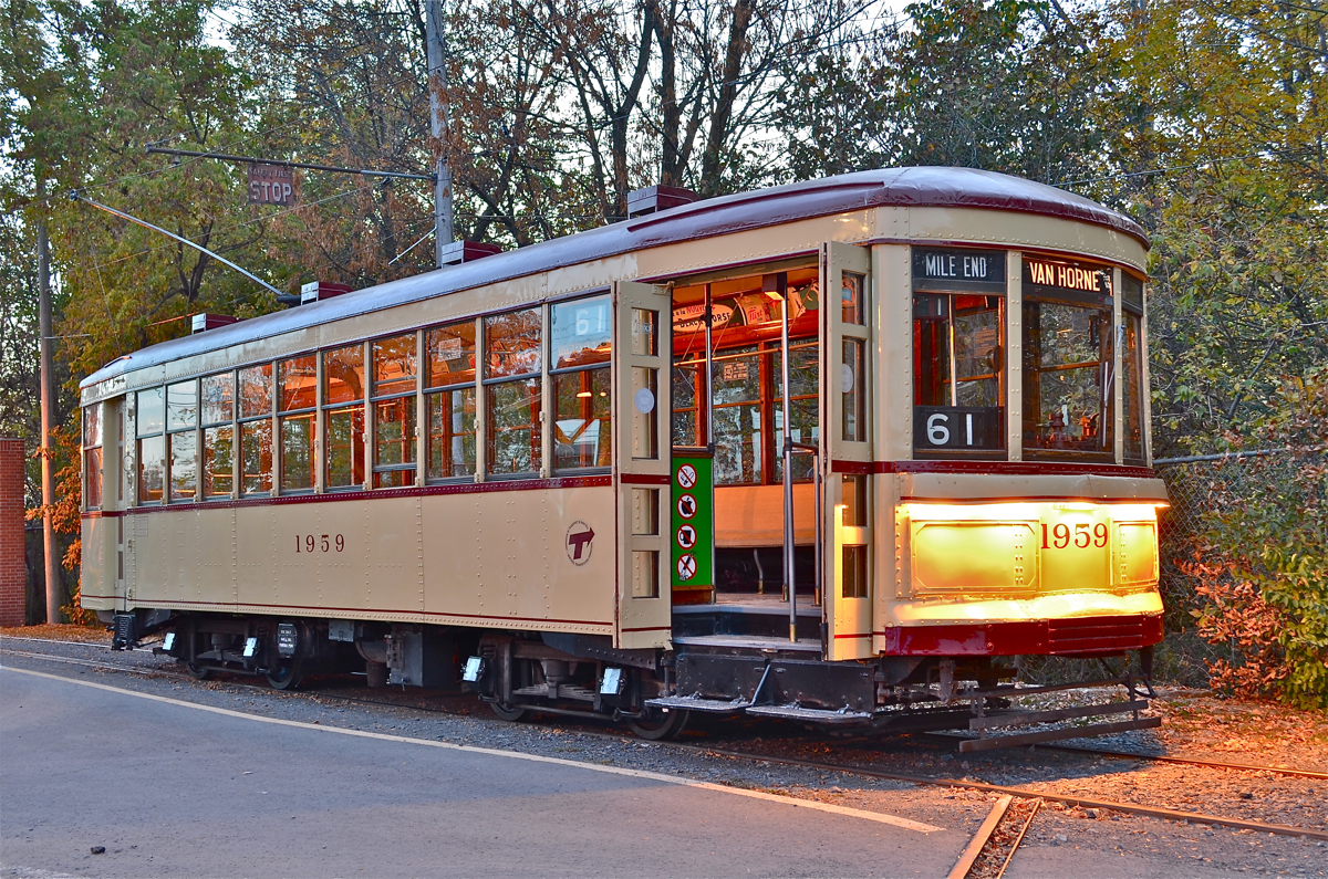 MTC 1959, which sees regular service at Exporail outside of the winter season, is photographed at dusk as part of the 'Illuminated Trains' night shoot. For more train photos, click here.