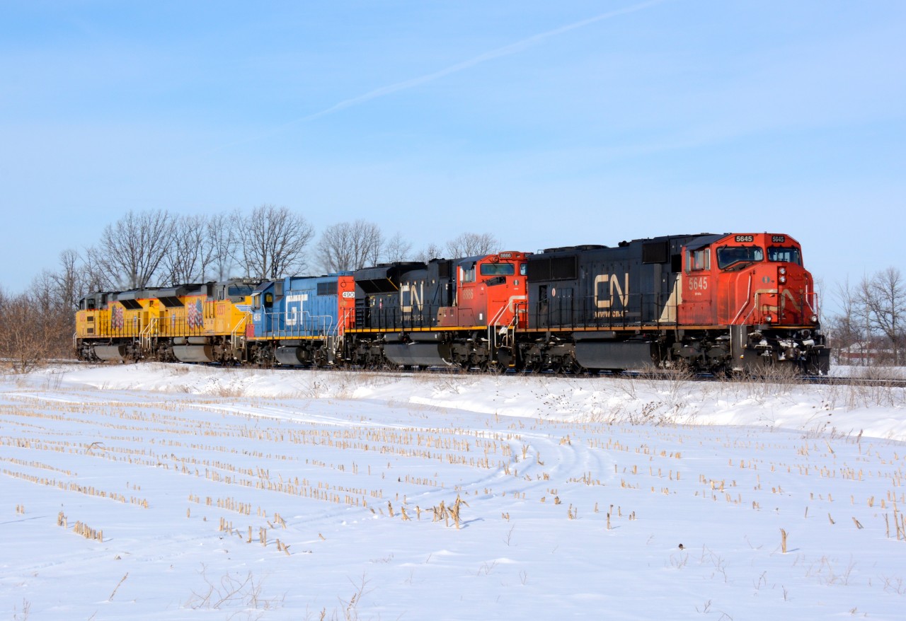 CN5645 leads CN8886, GT4906, UP8537 and UP8595 eastbound at Waterworks Road east of Sarnia, Ontario.
