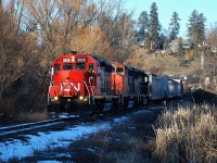 The pick-up freight from Kamloops has just passed through the yard in Vernon and is headed south with CN(WC)3026 in the lead.