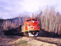 [Editors note: rare era and location] CN 9164(F7Au) is at the head of this eastbound freight out of Prince George as it approaches Crescent Spur on the Fraser sub.