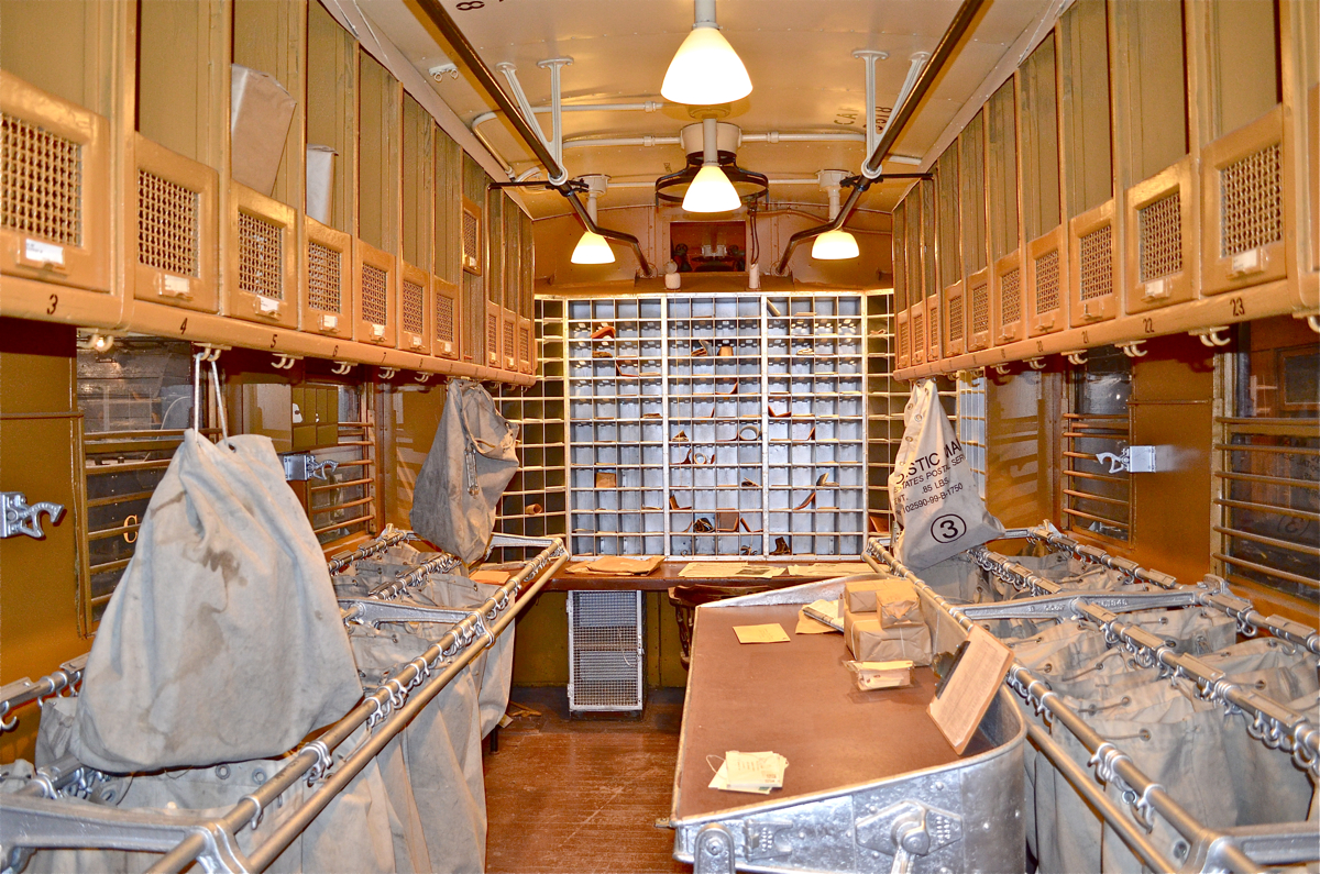 Here is the inside of a CP mail-express car built in their own Angus shops in Montreal in 1940. It is now preserved at Exporail. For more train photos, click here.