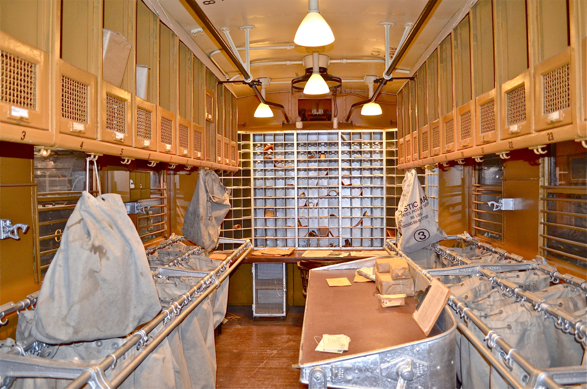 Here is the inside of a CP mail-express car built in their own Angus shops in Montreal in 1940. It is now preserved at Exporail. For more train photos, click here.