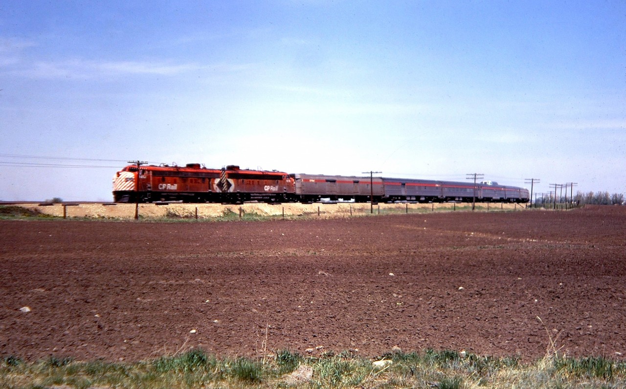 The "Canadian" is westbound near Brooks, Alberta in the spring of 1973.