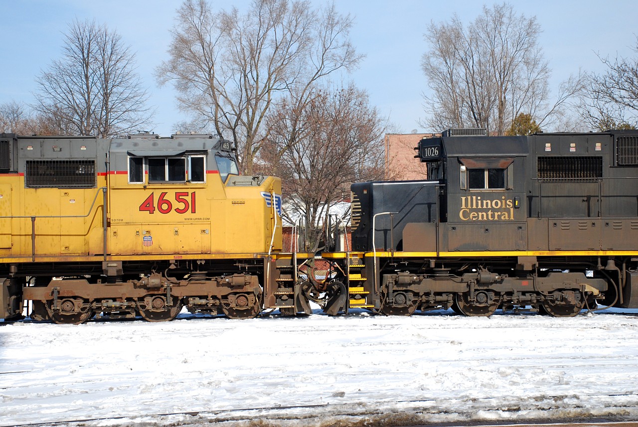 CN 396 makes a set off in Brantford Yard with CN 2168, IC 1026 and UP 4651. The IC SD70 and UP SD70M coupled nose to nose provided an interesting comparison of cab styles.