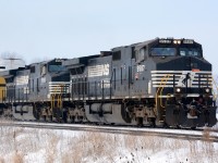 NS9587 and NS9582 eastbound at Waterworks Road east of Sarnia, Ontario.