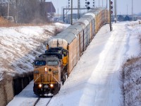 Returning west bound UP units 7342 and 3778 head down toward the St. Clair River tunnel at Sarnia, Ontario.