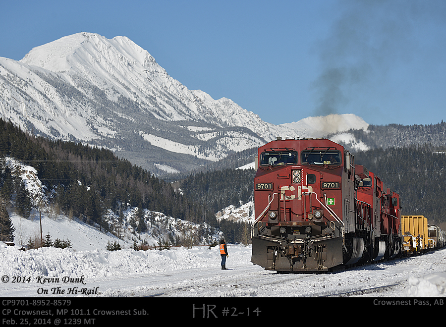 With Mt. Erickson looking on, the CP Cranbrook crew give a PK to the CP9701-8952-8579 as it departs Crowsnest Yard bound for Kipp Yard near Lethbridge, AB.