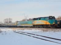 <b>New VIA Rail Club Car.</b>  Via 6411 leads train 72 towards its station stop at Brantford with a recently rebuilt club car directly behind the locomotive.  The car is number 3459.