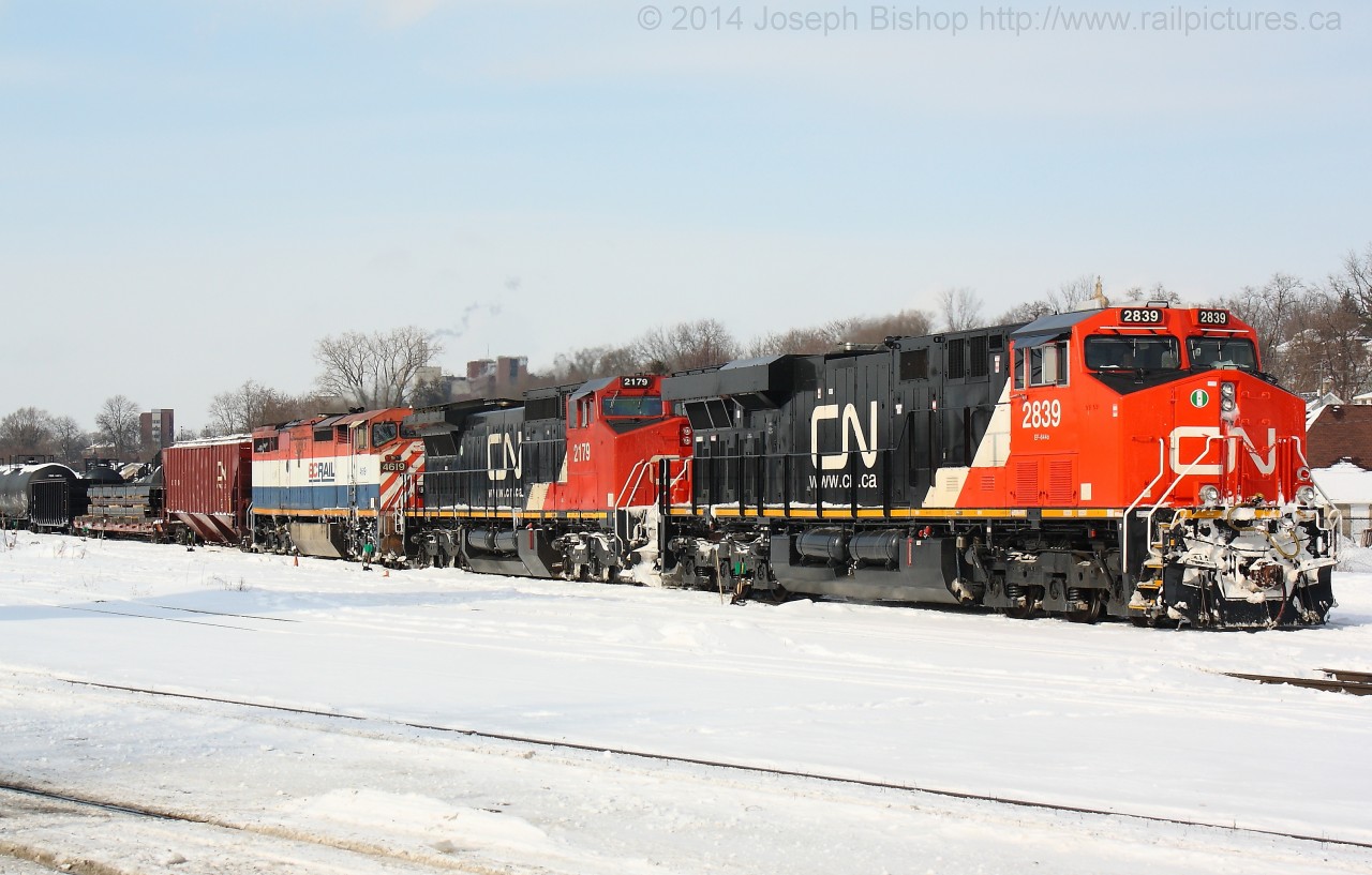 CN 396 is seen working the yard with a fairly new CN 2839 on the point.  BCOL 4619 reportedly lead from Sarnia to London before they swapped around the power.