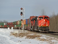 A pair of SD70M-2's, CN 8823 and 8813, take the second main line at Ardrossan with an eastbound intermodal.