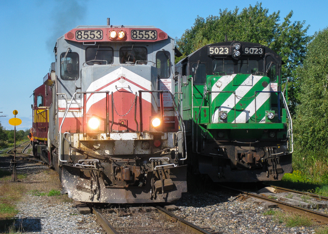Two generations of GE's. MMA 8553 and another B39-8E are switching past parked MMA 2 which is sitting just west of Farnham and awaiting a fresh crew. It has four GE C30-7's at the head end (MMA 5023, MMA 5017, MMA 3609 & MMA 3000). For a shot of the two Dash8's switching Farnham Yard a little later on in the day, click here. For more train photos, click here.