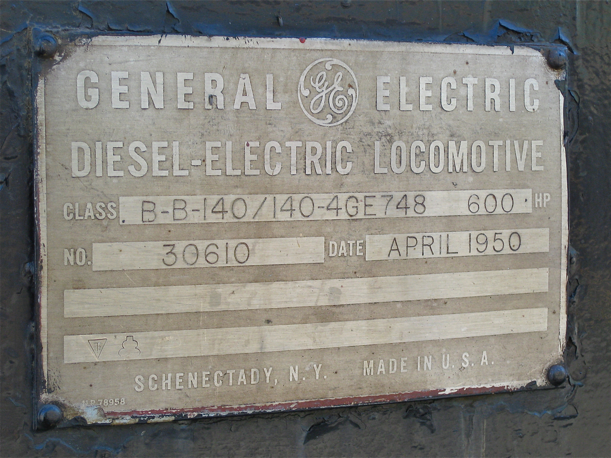 1950 Vintage GE. This is the builders plate for CN 30, a GE 70-tonner built for CN at GE's Schenectday plant in 1950. It spent its entire operating life on CN's now abandoned trackage on Prince Edward Island and is currently preserved at Exporail in operating condition. For more train photos, click here.