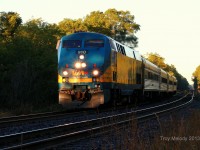 VIA Rail Canada GE P42 DC 910, leads VIA 82 through the city Dundas, during the first light of the day. VIA 82 is on route from Windsor to Toronto.   