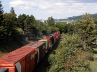 EAST MEETS WEST ON THE ROCK. TerraTransport Extra 926 East (formerly Train # 204) runs downgrade through Bowring Park in St. John’s on a hot Sunday afternoon in July 1987. The photographer was crossing the bridge at just the right time to witness this unique train. With rarely seen CP Rail boxcars and the green TT containers, both coasts of Canada were well represented in this particular consist. This photo and it's contemporary update along with many others can be seen in 'RAILS ACROSS THE ROCK - A Then & Now Celebration of the Newfoundland Railway' by Kenneth G. Pieroway and published by Creative Book Publishing of St. John's, NL. – Author photo.