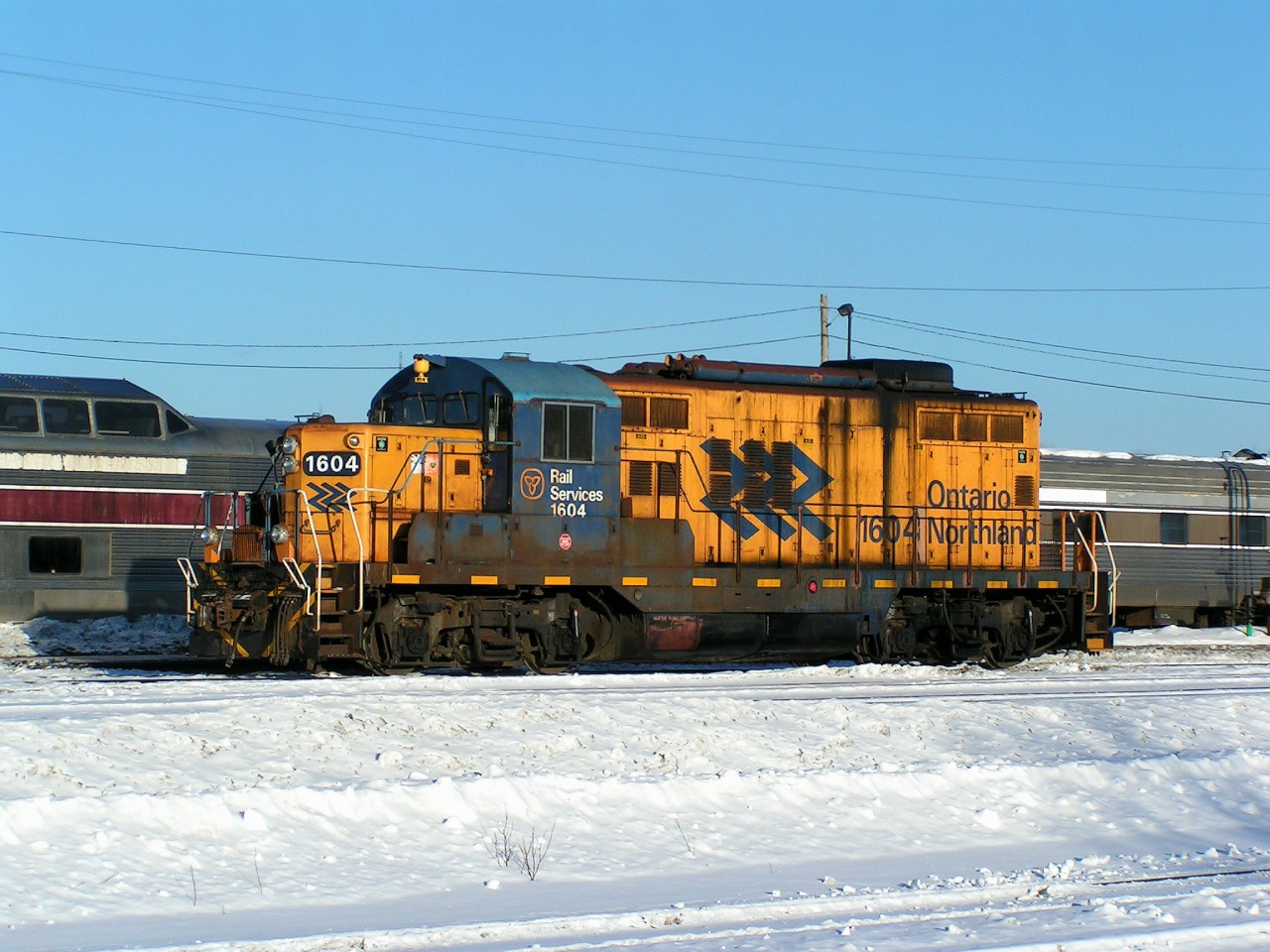 Ontario Northland chopnose GP9 #1604 sit's outside the ONR diesel shops waiting for it's next assignment.