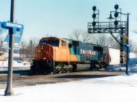 With the rash of unusual leaders sighted on trains passing thru Brantford, here is an example that this has been an ongoing occurrence, save for couple of lacklustre years just passed. CN #411 daily westbound this day powered by a single unit, that being ONR 2105; a rather rare sighting in the South.