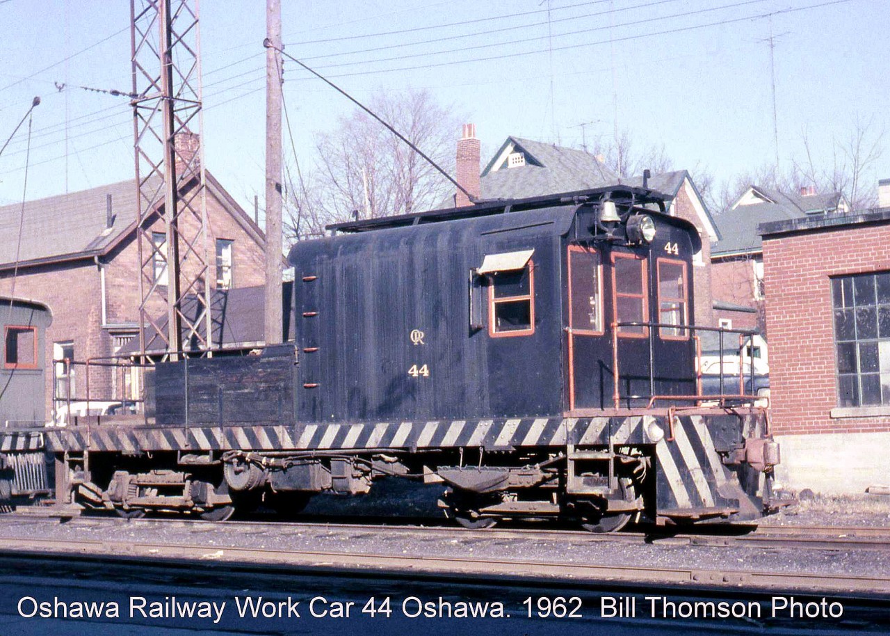Another from the Oshawa Railway set, work car 44 sits (with line car 45 behind it) on a siding about half way up the line, somewhere south of the main yard and shops. Another homemade car (built by the OR in 1919), 44 would be scrapped 2 years later in 1964 when the line was de-electrified.

[Editor's note: After some research, this image may have been taken along the line south of Emma St. west of Court St., along the part of the OR line that is now the Michael Starr Trail.]