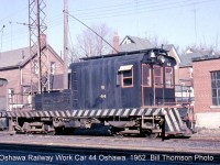 Another from the Oshawa Railway set, work car 44 sits (with line car 45 behind it) on a siding about half way up the line, somewhere south of the main yard and shops. Another homemade car (built by the OR in 1919), 44 would be scrapped 2 years later in 1964 when the line was de-electrified.
<br><br>
[<i>Editor's note: After some research, this image may have been taken along the line south of Emma St. west of Court St., along the part of the OR line that is now the Michael Starr Trail.</i>]