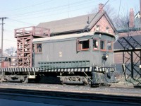 The last for now of our look at the now-vanished Oshawa Railway electric line, we find OR line car 45, used for overhead maintenance work on the electric catenary wire, parked behind 44 halfway up the line south of the shops. This car was built in 1925 by the Niagara, St. Catharines and Toronto Railway, another CN Electric Lines operation, and was transferred to the Oshawa Railway where it worked until the line was de-electrified in 1964. CN donated it in 1964, and it is now restored and in operating condition at the Halton County Radial Railway museum in Rockwood ON.