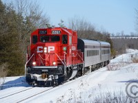 We're in an alternate dimension. Passenger service to Orangeville did not end in October 1970 and it has continued ever since.  Here we see Canadian Pacific Train #307 from Union Station headed to Orangeville and Owen Sound. BZZT. Wake up! In fact, it's 2014 and the Credit Valley Explorer tourist train is using a borrowed GP20C-ECO for the final Winter Run of the Snow Train this year. <br><br>Curious - could this the first passenger train hauled by a CP GP20C-ECO? (Add in comments below!)