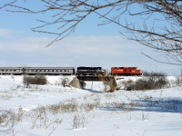 <b>The OBRY's Credit Valley Explorer</b> is southbound in Snelgrove Ontario with a compliment of CP inspired equipment trailing the power (including a dome car, not pictured). Due to mechanical malfunction of the 4009 - CP 8249 has been assigned to the OBRY until the 4009 is fixed, making for an interesting photo of a double-headed train, rare for a railway that has only ever had two engines assigned to it. I believe this is the first time a CP unit has been on the Explorer tourist train though - if you know differently, please say so in the comments below! All corrections welcome. You could ride behind this CP Geep if tickets are available for upcoming runs - book your ticket at <b>http://www.creditvalleyexplorer.com/</b>