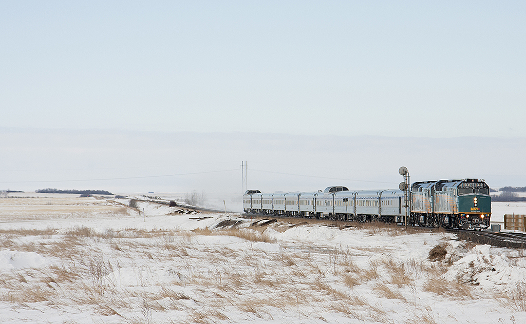 The flat lands of the prairies where you can see for miles and miles, VIA 2 hustles across the prairies making its way east to Toronto Union station on this frosty morning.