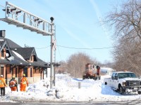 This days local train 580 would briefly bring back life to a portion of the old former TH&B Waterford sub. almong side the old TH&B station in Brantford, with no space to run around their train at the east end of the spur the train was forced to do it at the old TH&B yard location bringing life back to tracks that have not been used in a few years. Maintenance crews had to first clear heavy snow piles off the crossings along the line in order to clear the route. The train then headed back to CNs yar to tie up.
