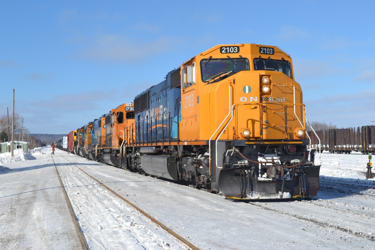 Its a sunny cold day in Englehart as the Southbound 214 has hooked to it's tonnage. The crew is getting ready to depart and travel the 137 mile to North Bay.