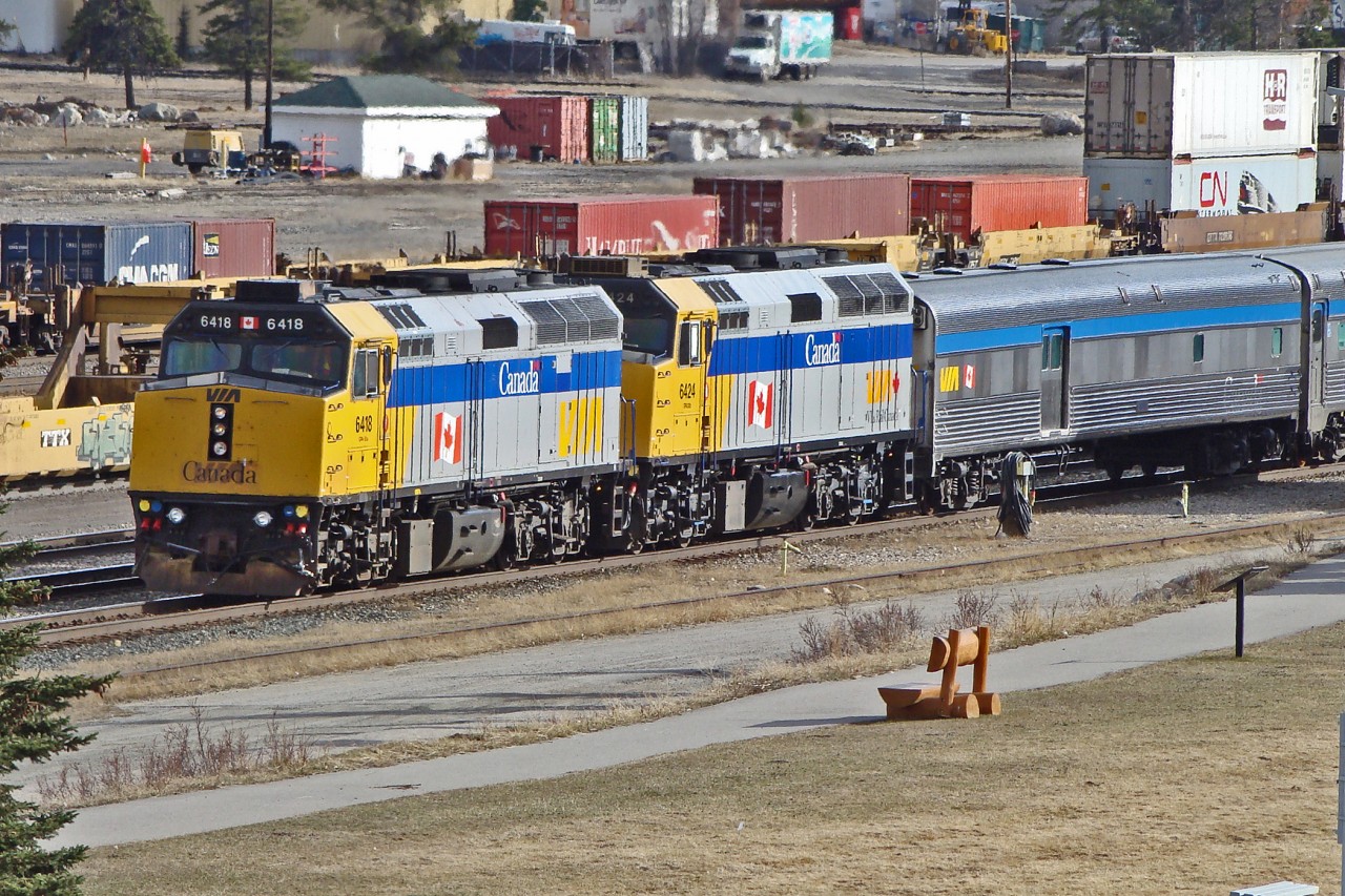 F40Ph-3's 6418 and 6424 depart Jasper heading east with VIA's train #2 "The Canadian"