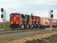 Heading west onto the new double track section at Clover Bar are ES44DC CN 2284, Dash9-44CW CN(ex BCOL)4646,DASH8-40CW CN 2166 (ex BNSF 804) and CN 2158 (ex BNSF 846)