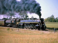 One of the CN steam excursions trips I enjoyed the most was UCRS excursion to Belleville and then to Picton-Prince Edward County, with 4-8-4 Northern 6167. It's seen here with a good head of steam approaching Picton ON, on the CN Marmora Sub (that ran from Trenton Junction to Picton).

<i>Geotagged location not exact</i>