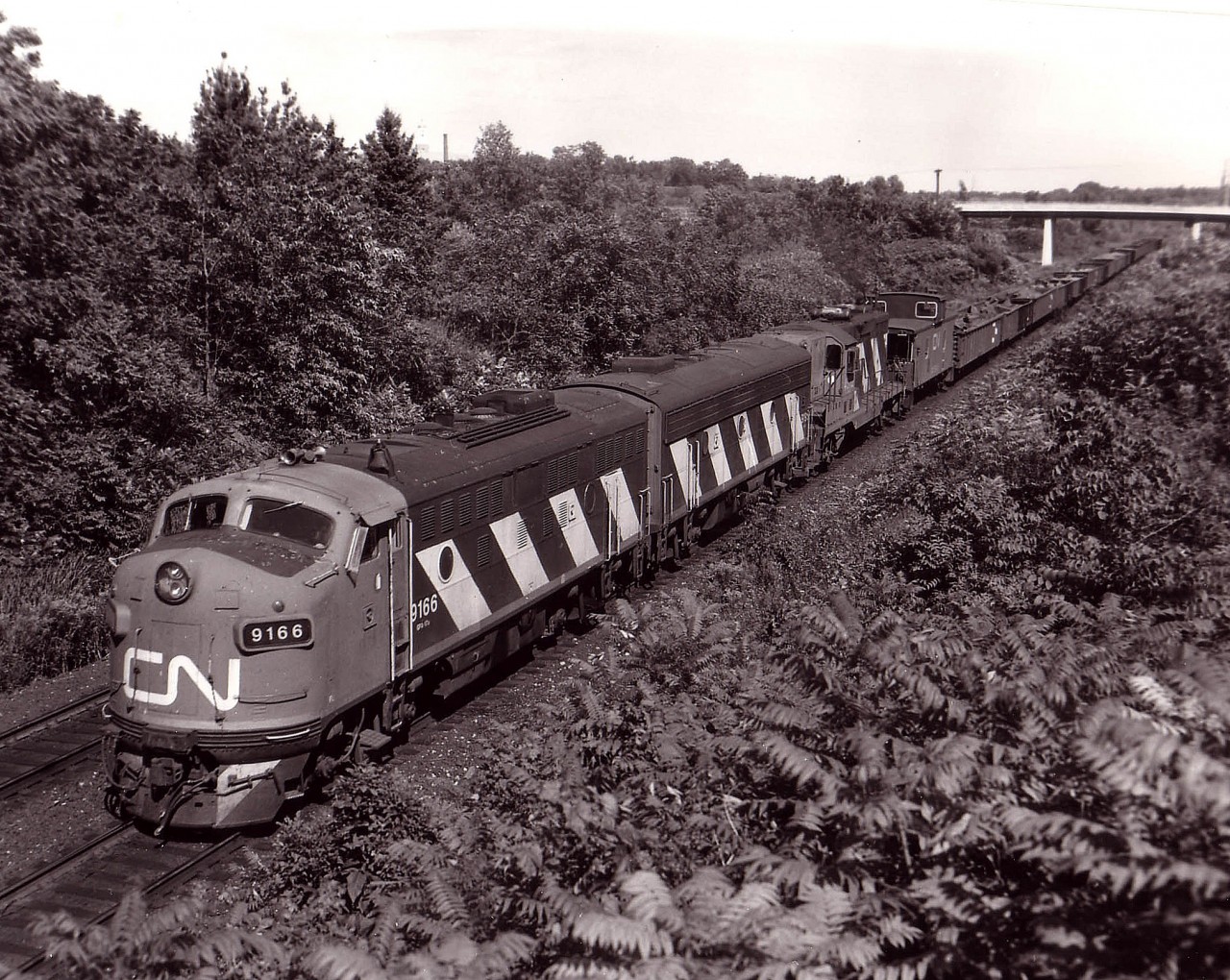 Here's another image of a favourite subject from years gone by, the CN #725 Nanticoke train. Other images in the area of this train are in RP as #'s 6836, 7242 and 7730. The original A-B-A combination fell by the wayside rather quickly as the old warriors developed mechanical problems. One of the "A"s is substituted by GP9 4572 in this edition, with CN 9166 and 9195 ahead. I was a bit annoyed that the train was running on the south track westbound, or 'the wrong track', but still, it was a delight to see. Photo taken from a footbridge to the Royal Botanical Gardens near mile 1 west of Bayview Jct.