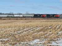 CN 5643 and 5656 roll 372's train east at Newcastle, Ontario. 1054hrs.