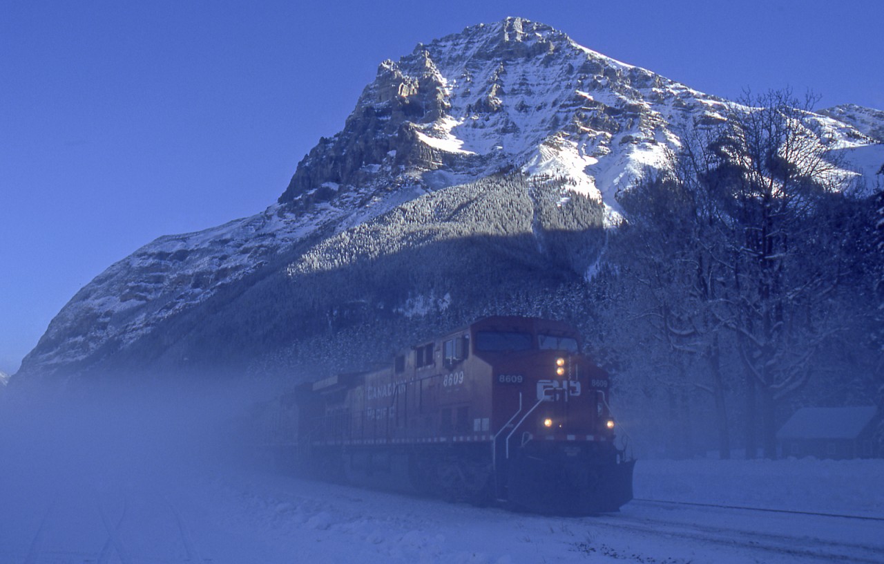 Westbound freight emerges out of the fog an into the small hamlet of Field.