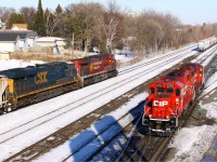 Today CP 608 came in with CP 9800 and CSX 937 assisting. On the Yard lead CP 2255 and 3038 pull out into the sunshine, just in time to make the shot interesting, while on their way to pick up a new cut of cars marshal. 