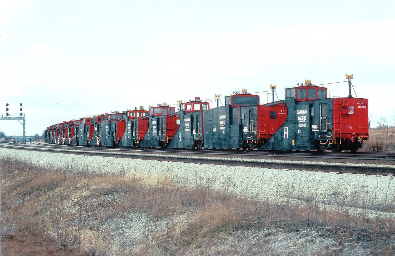 Here is another view of the long string of snow ploughs deemed excessive by CP back in 1990, as seen in RP image #13636. They certainly make an impressive and highly unusual photograph. (There are 18 of them)