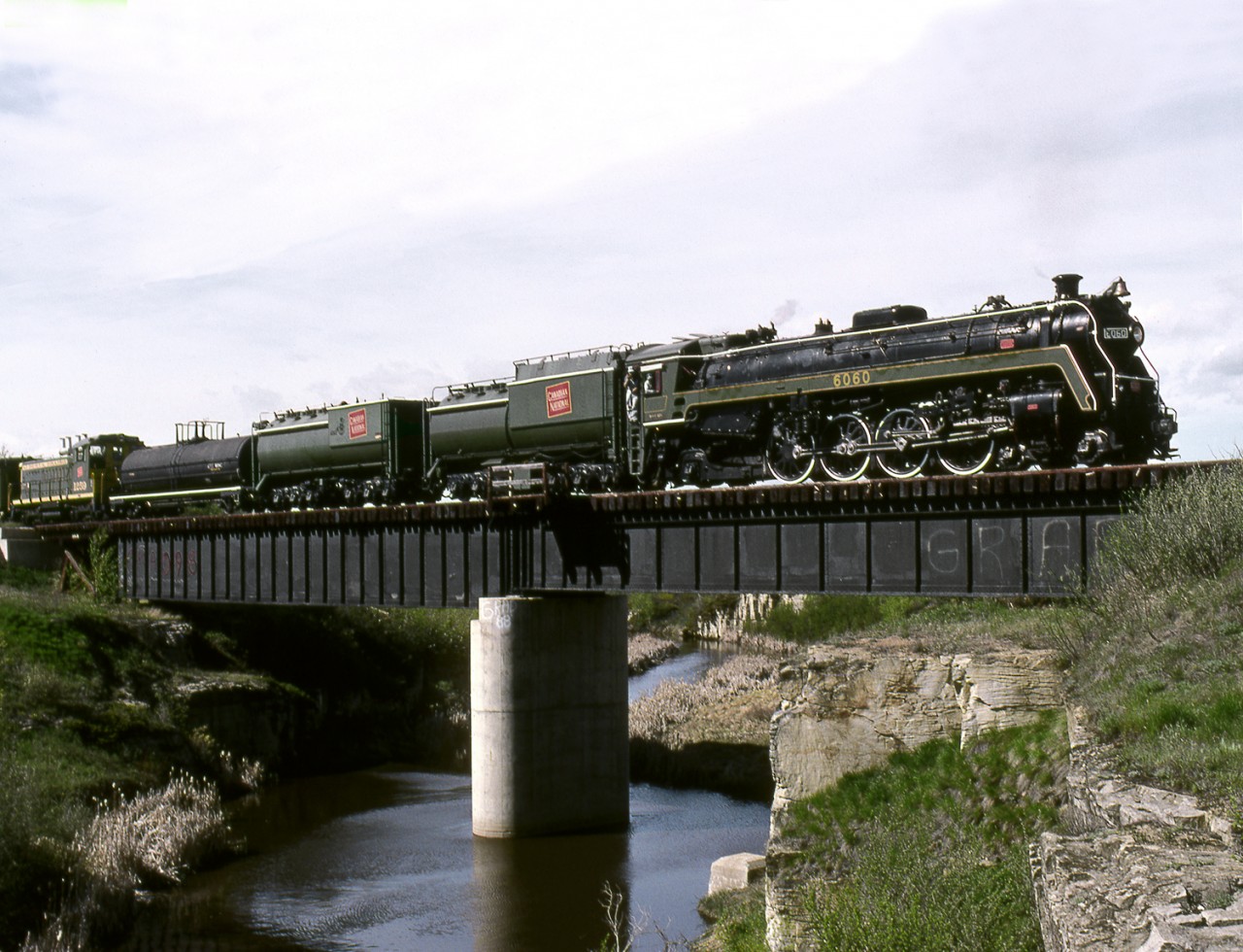 Former CN class U1f 4-8-2 6060 makes a Victoria day outing from Stettler to Coronation Alberta on Central Western Railroads ex CPR Lacombe Subdivision. This was the first run in 10 years after being purchased from the province and overhauled by private interests.