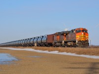 CP 608 with all foreign power in BNSF 4044-BNSF6735 & rear dpu BNSF 8260, heads eastbound thru Haycroft on its journey towards London.
