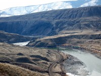 Three CN units are in charge of this load of grain as it heads westwards towards Black Canyon on the Thompson River.