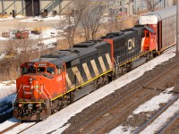 CN5500 and CN5413 head for the St. Clair River tunnel to Port Huron, Michigan from the Indian Road overpass in Sarnia.