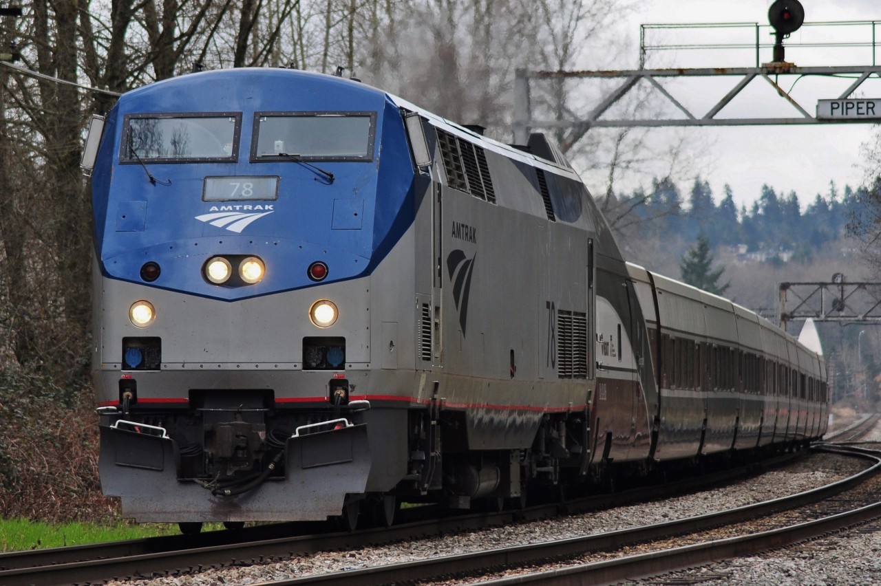 Amtrak Cascades 510 zooming past Piper Avenue, heading to Vancouver, BC