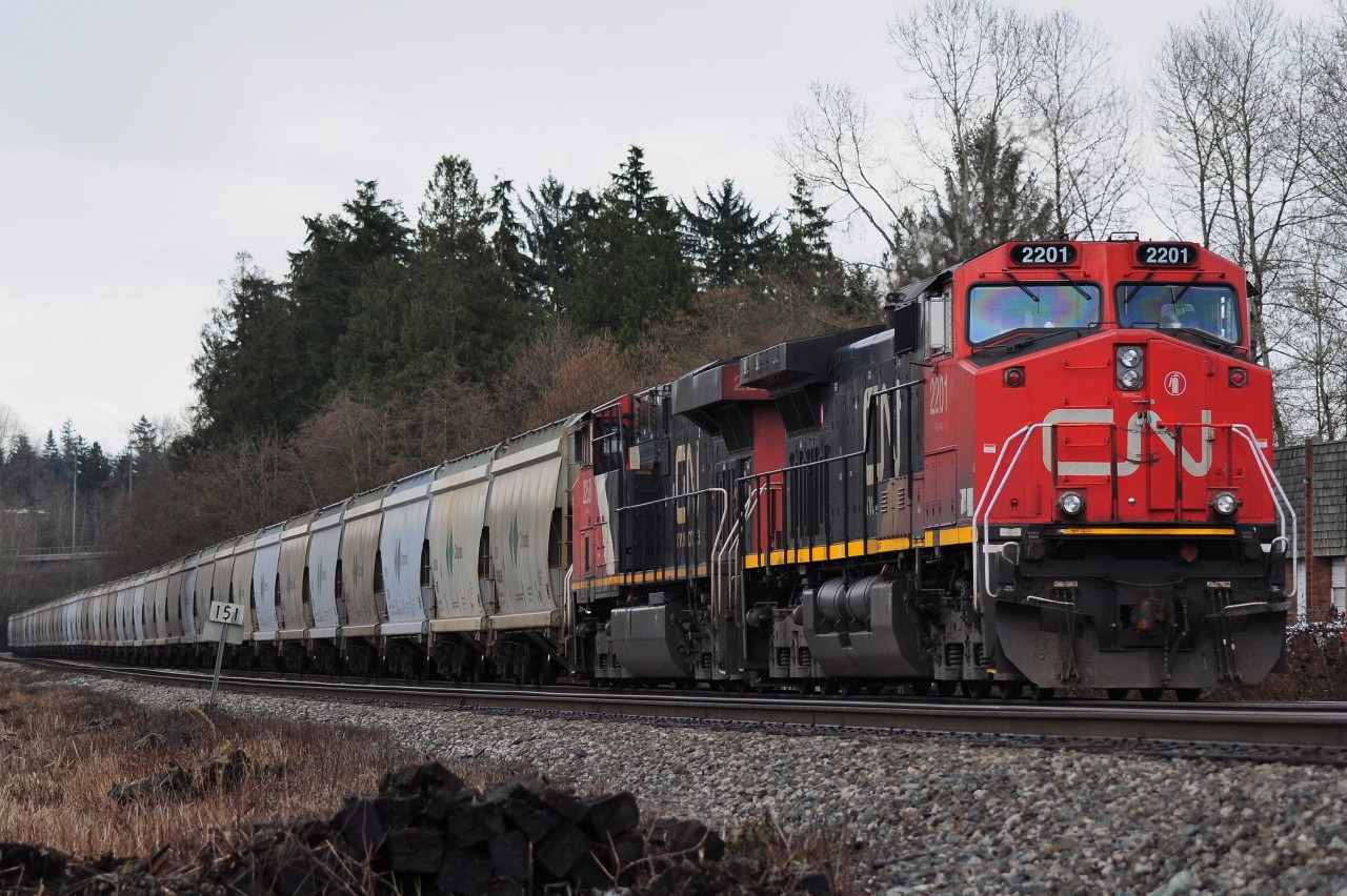 CN Potash train waiting at a red light for CP coal and CN mixed to pass by.