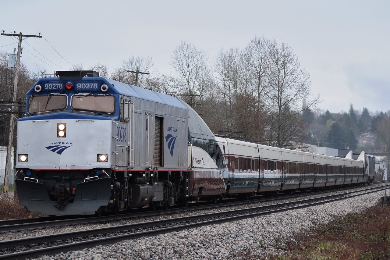 Amtrak F40PH pulling the  Mt. Adams Talgo set and the P42DC in behind.