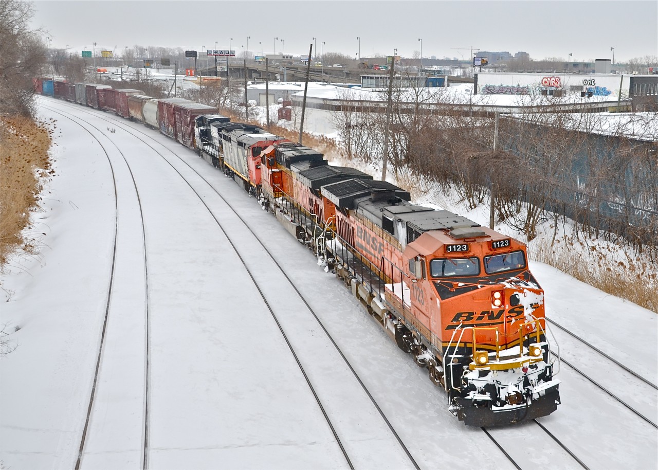 Double CN 529.  Because of the snowstorm, yesterday's and today's CN 529 were joined together and are seen here passing through Montreal West with BNSF 1123, BNSF 5347, CN 2417 & NS 9654 for power. For more train photos, click here.